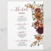 Menu Burgundy Burnt Orange Floral Mariage Boissons Bar (Devant)