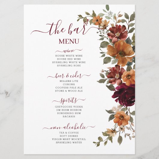 Menu Burgundy Burnt Orange Floral Mariage Boissons Bar (Devant)