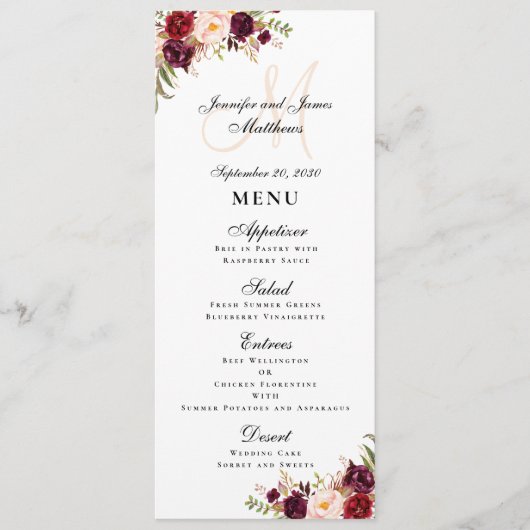 Menu Burgundy Floral Blush Script Monogram Mariage (Devant)