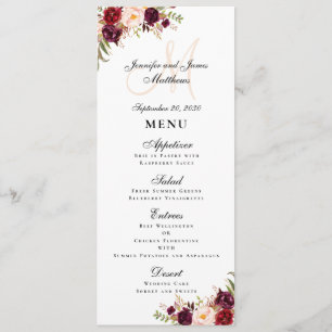 Menu Burgundy Floral Blush Script Monogram Mariage