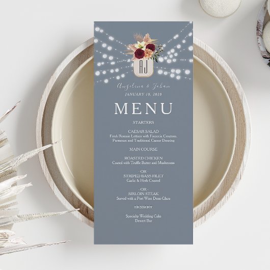 Menu Burgundy Floral Dusty Blue Mariage