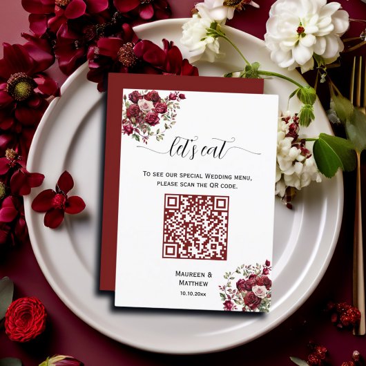 Menu Burgundy Floral Moderne Script QR Code Mariage Men