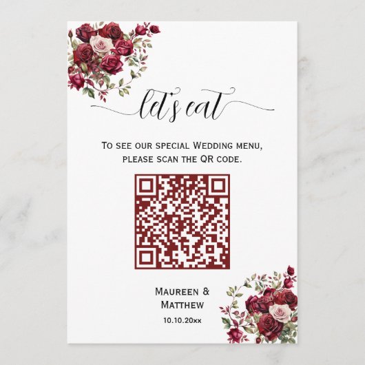 Menu Burgundy Floral Moderne Script QR Code Mariage Men (Devant)