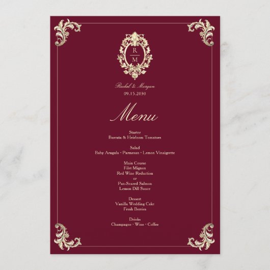 Menu Burgundy Gold Baroque Wedding Reception (Devant)