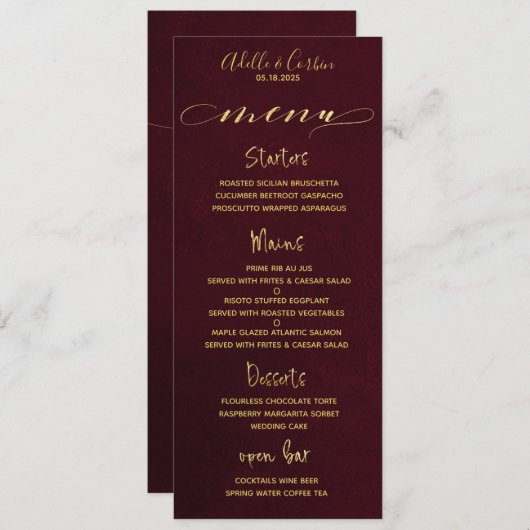 Menu Burgundy & Gold Fancy Cursive Calligraphie (Devant / Derrière)