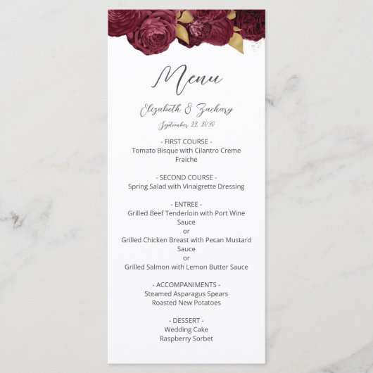 Menu Burgundy Gold Floral Mariage de script moderne (Devant)