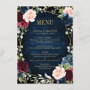Menu Burgundy Navy Blush Floral Mariage géométrique