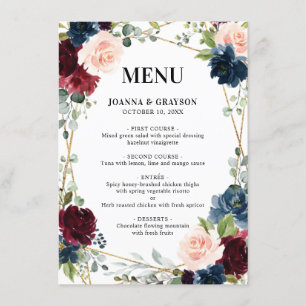 Menu Burgundy Navy Blush Floral Mariage géométrique