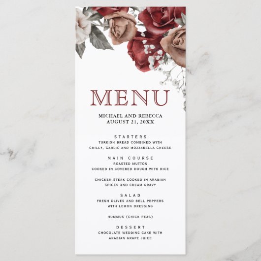 Menu Burgundy Red Roses Floral Wedding (Devant)