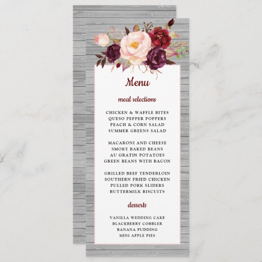 Menu Burgundy Rouge Floral Rustique rose Mariage fronti (Devant / Derrière)