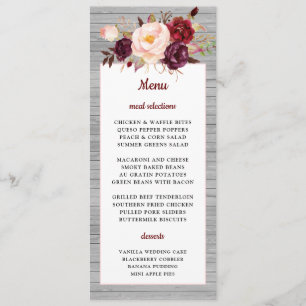 Menu Burgundy Rouge Floral Rustique rose Mariage fronti