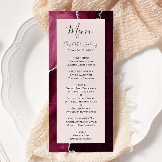 Menu Burgundy Silver Agate Blush Pink Wedding