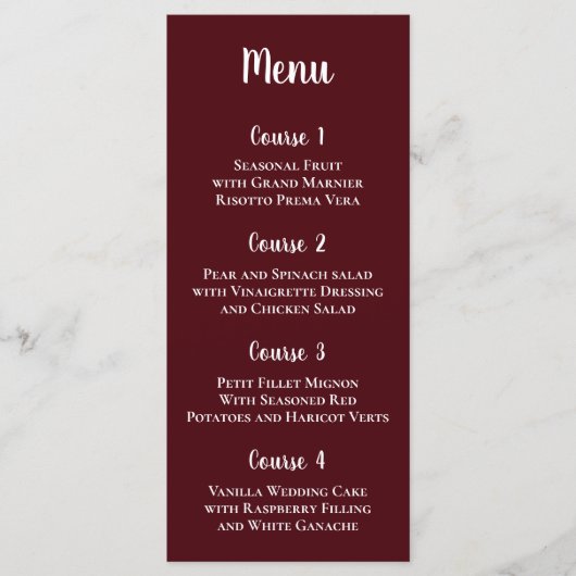 Menu Burgundy Simple Calligraphie Mariage moderne (Devant)