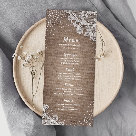 Menu Burlap Lace argent parties scintillant rustique ma