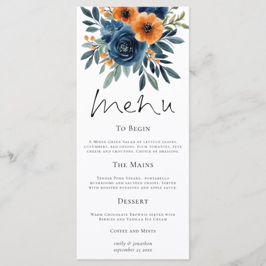 Menu Burnt Orange Navy Blue Florals Wedding (Devant)