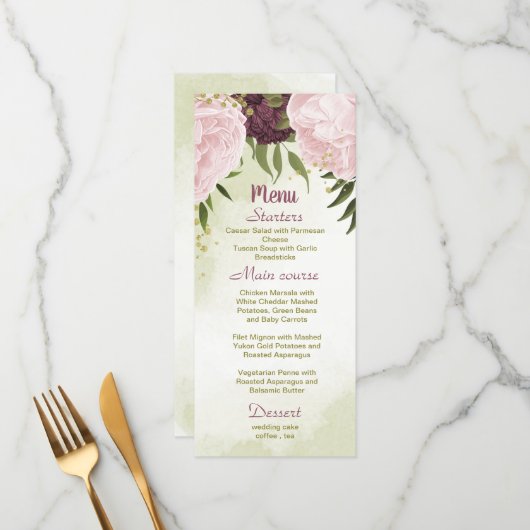 Menu cabernet rose fleurs vert feuille mariage (Devant/Arrière en situation)