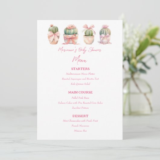 Menu Cactus Ruban rose Bébé fille Douche (Debout devant)