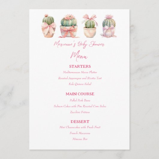 Menu Cactus Ruban rose Bébé fille Douche (Devant)