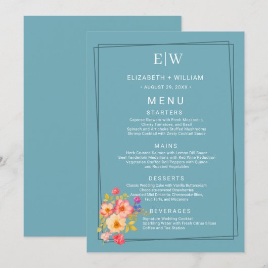 Menu Cadre avec Rose, style Mariage sur bleu (Devant / Derrière)