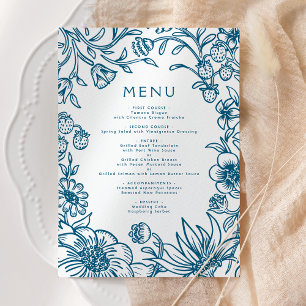 Menu Cadre de mariage botanique bleu et blanc vintage