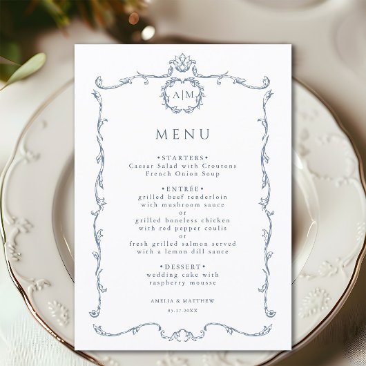 Menu Cadre de mariage français Classique Moderne Bleu P