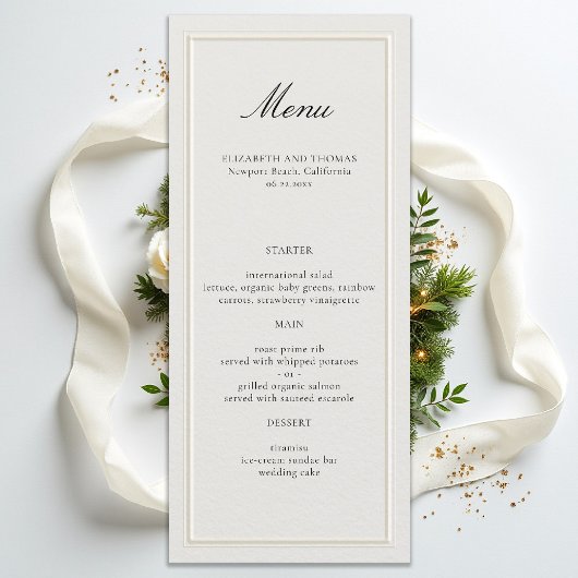 Menu Cadre Élégant Moderne Classique Mariage Écru