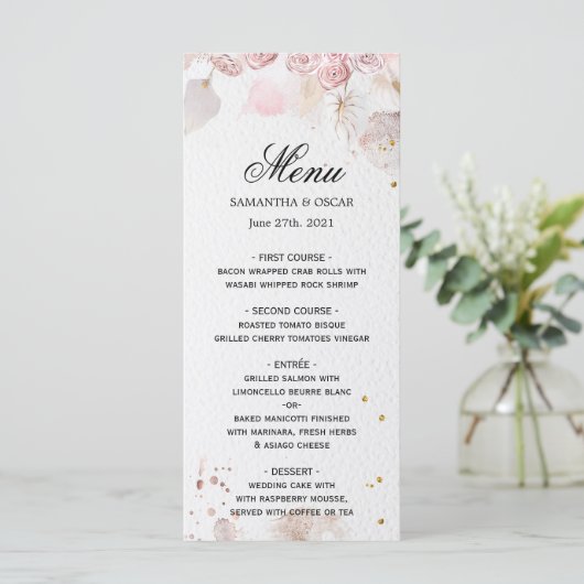 Menu Cadre Floral Rose Pâle Élégant Fantaisie (Debout devant)