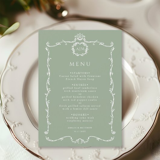 Menu Cadre français classique moderne mariage vert saug