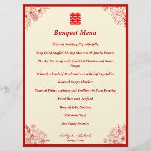Menu Cadre oriental floral rouge beige pour mariage chi