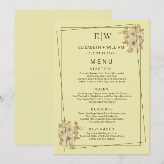 Menu Cadre Rose – Monogramme Jaune Céleste Mariage (Devant / Derrière)