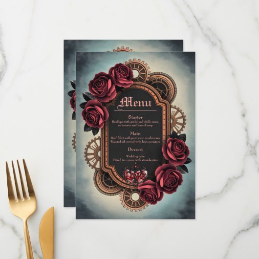 Menu Cadre Steampunk avec Roses rouges et Engrenages (Devant/Arrière en situation)