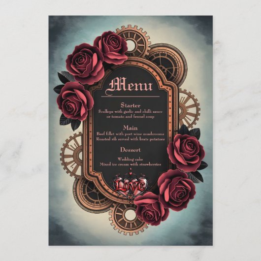 Menu Cadre Steampunk avec Roses rouges et Engrenages (Devant)
