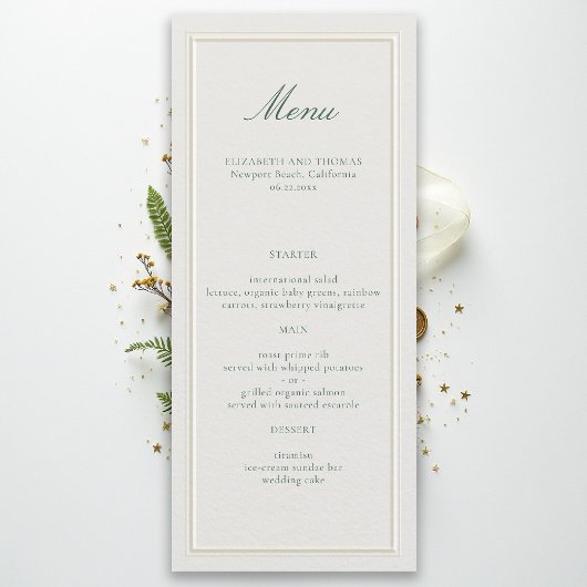 Menu Cadre Vert Classique Formel Mariage Ecru Élégant