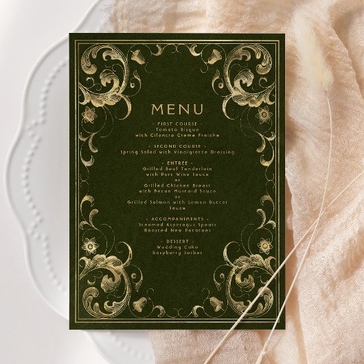 Menu Cadre Vintage Mariage Vert Olive Or