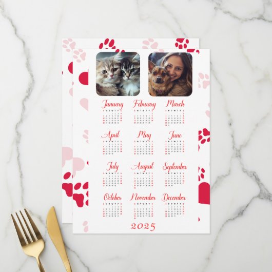 Menu Calendrier annuel personnalisable avec Empreintes  (Devant/Arrière en situation)