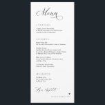 Menu Calligraphie De Luxe Elégante Réception De Mariage<br><div class="desc">Menu simple et élégant pour le dîner de mariage : Ce menu élégant et simple en mariage noir et blanc reflète une sensation douce et romantique qui s'harmonise parfaitement avec n'importe quel thème mariage moderne et intemporel. Personnalisée avec les noms du couple, la façade du menu présente magnifiquement chaque cours...</div>