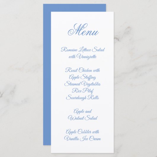 Menu Calligraphie de script fantaisie Cornflower Blue (Devant / Derrière)