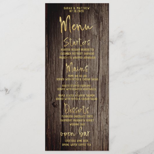 Menu Calligraphie de script or rustique Mariage classiq (Devant)