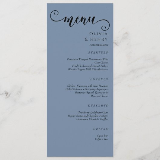 Menu Calligraphie Élégante Mariage Minimaliste Bleu (Devant)