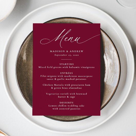 Menu Calligraphie Élégante Moderne Mariage Bordeaux