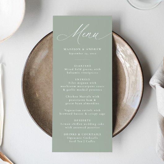 Menu Calligraphie Élégante Moderne Vert Sage Mariage