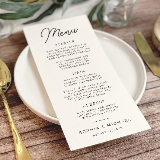 Menu Calligraphie Joueuse moderne Mariage noir blanc