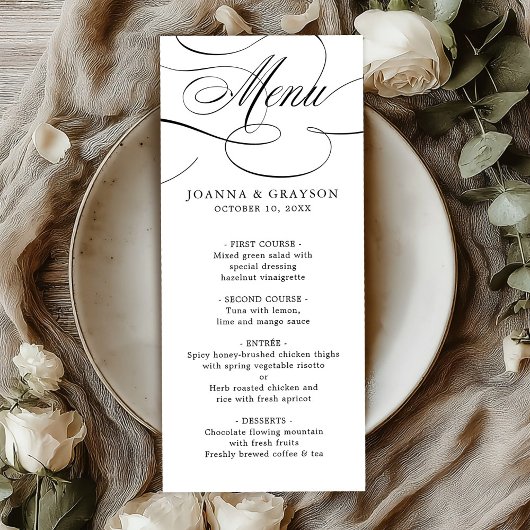 Menu Calligraphie moderne mariage noir blanc intemporel