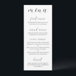 Menu Calligraphie moderne noir et blanc Mariage élégant<br><div class="desc">Faites savoir à vos invités exactement ce qu'ils mangeront avec ce menu de mariage de typographie avec le titre et les en-têtes de cours en calligraphie noire avec un coeur en pointillant la lettre "i", sur un arrière - plan blanc. Le dos est noir. La couleur arrière - plan peut...</div>