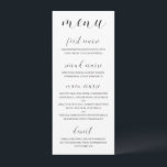 Menu Calligraphie moderne noir et blanc Mariage élégant<br><div class="desc">Faites savoir à vos invités exactement ce qu'ils mangeront avec ce menu de mariage de typographie avec le titre et les en-têtes de cours en calligraphie noire avec un coeur en pointillant la lettre "i", sur un arrière - plan blanc. Le dos est noir. La couleur arrière - plan peut...</div>