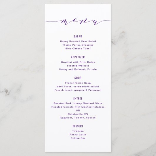 Menu Calligraphie moderne simple violet (Devant)