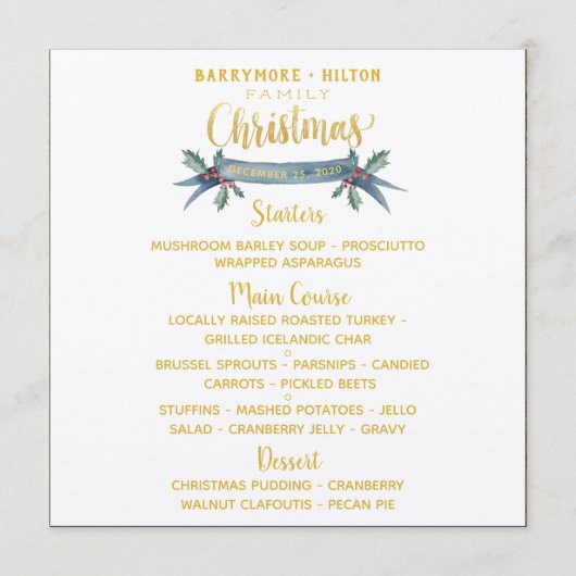 Menu Calligraphie Or Élégant Sprig Dîner de Noël (Devant)