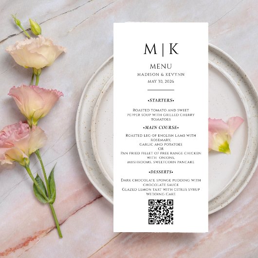 Menu Calligraphie simple Code QR Mariage rustique