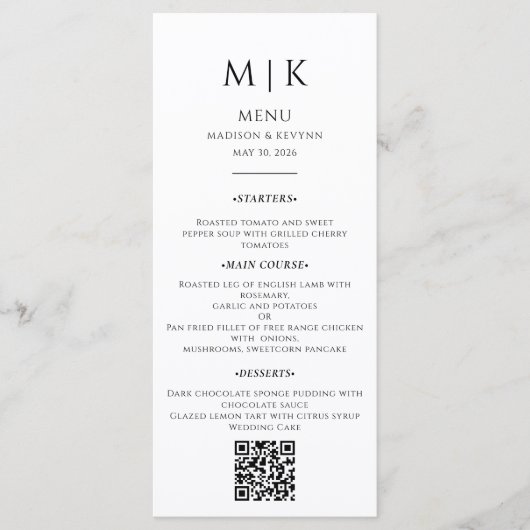 Menu Calligraphie simple Code QR Mariage rustique (Devant)