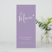 Menu Calligraphie texte cœur blanc sur mariage violet (Debout devant)